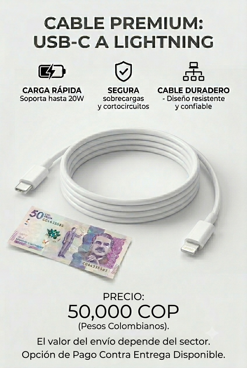 Cable USB-C a Lightning 1M — Carga Rápida 20W para iPhone